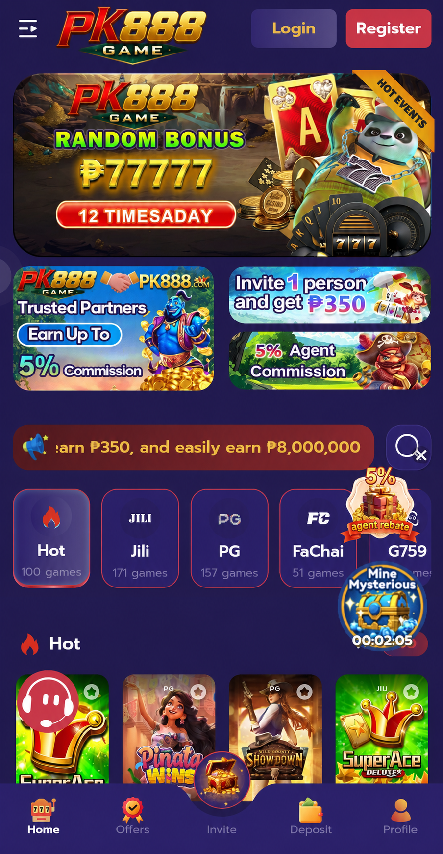 PK888 Game app home screen showing the random bonus banner, game providers and hot slot titles