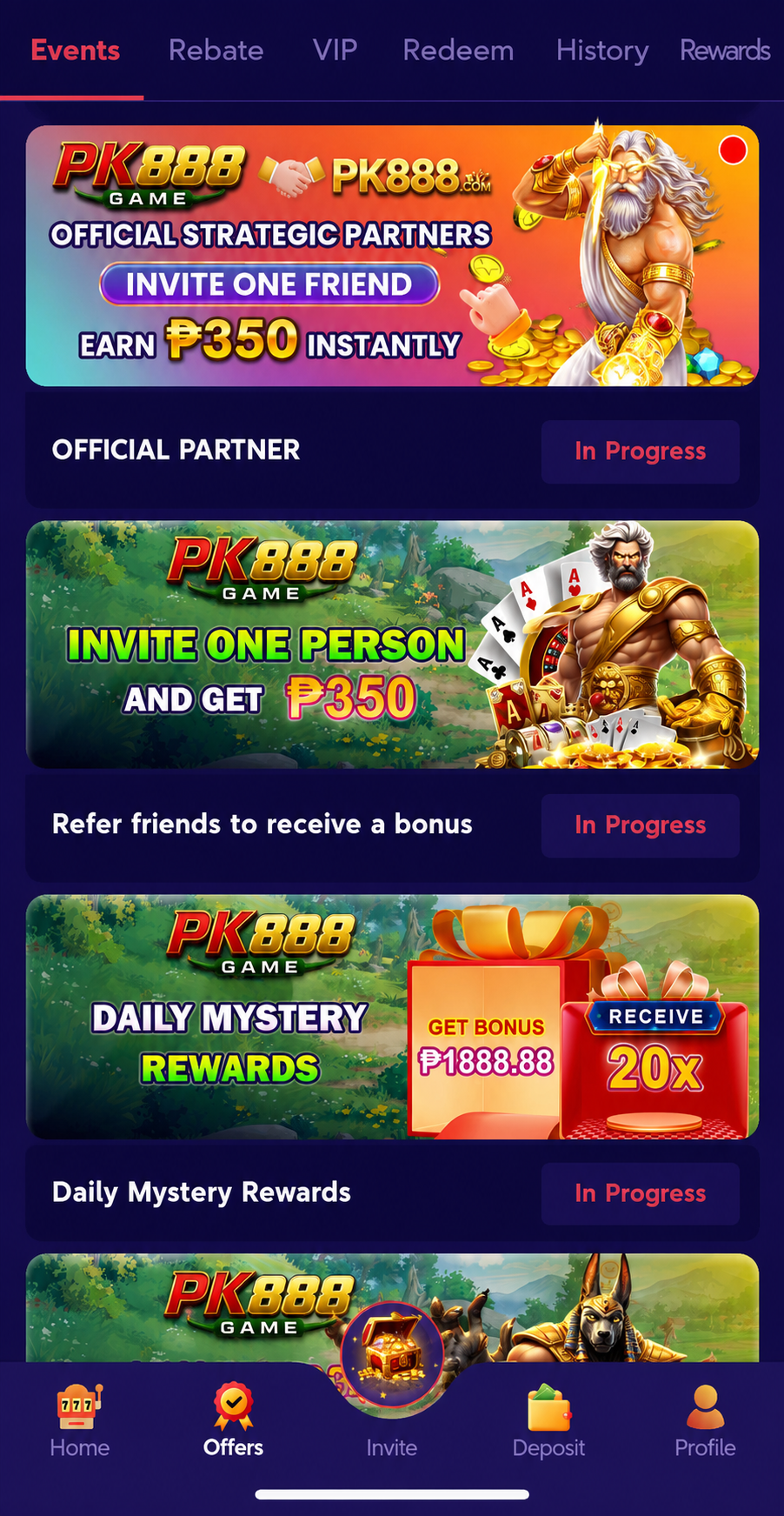 PK888 app events and offers screen listing active bonus promotions and daily mystery rewards